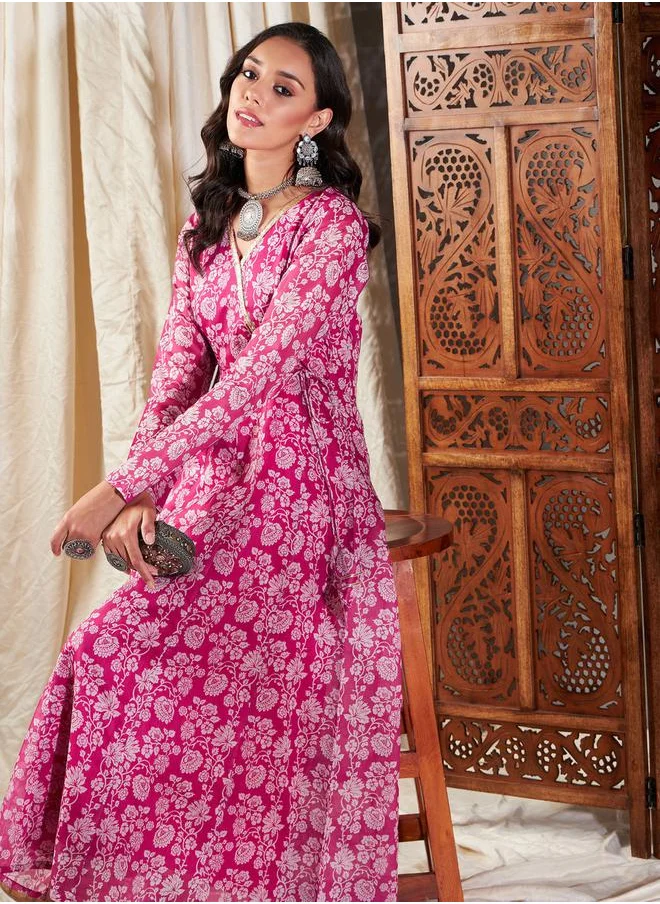 ساسافراس Floral Print Lace Trim A-Line Wrap Maxi Dress by Styli