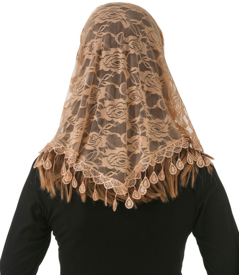 PAMOR Mass Veil Triangle Mantilla Cathedral Head Covering Chapel Veil Lace Shawl Latin Scarf (Champagne) - Image 4