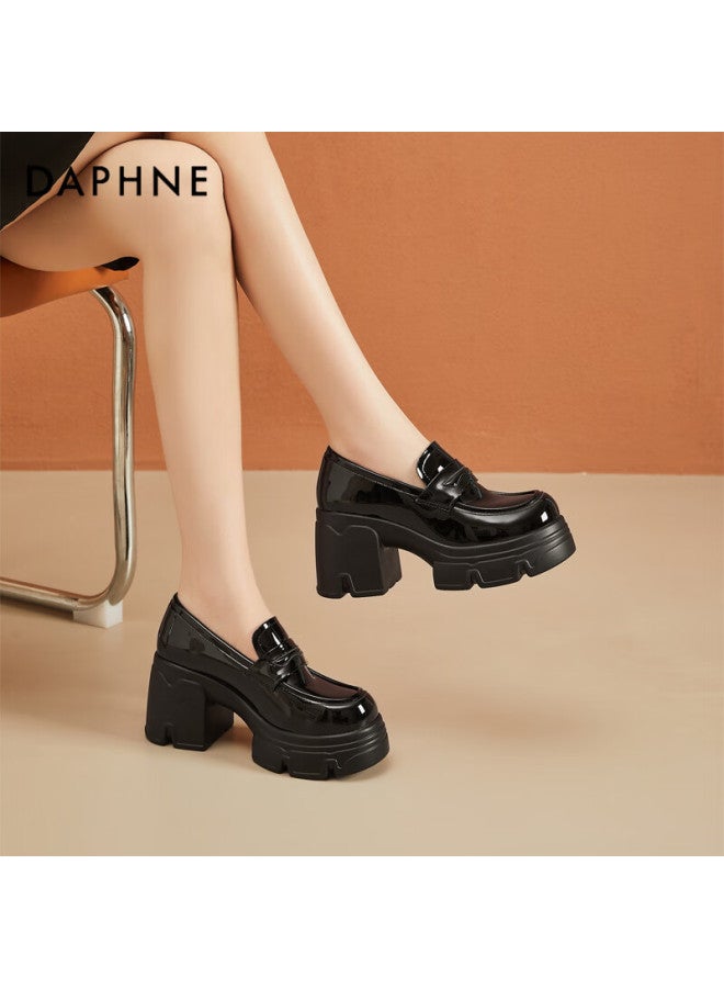 Daphne Women's Loafers, Chunky Heel British Style Small Leather Shoes, Commuting High Heels, Soft Sole Comfortable Height Increasing Single Shoes, Black, Size 38 - Image 2