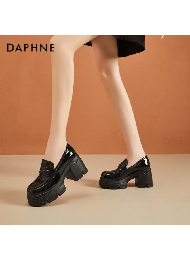Daphne Women's Loafers, Chunky Heel British Style Small Leather Shoes, Commuting High Heels, Soft Sole Comfortable Height Increasing Single Shoes, Black, Size 38 - Image 4