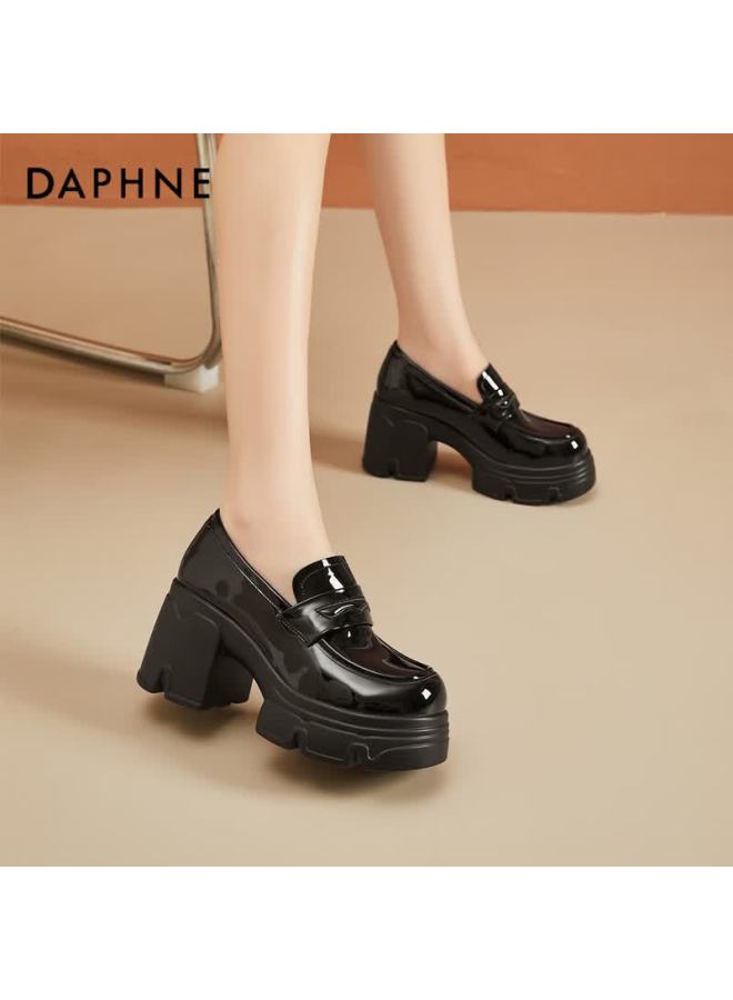 Daphne Women's Loafers, Chunky Heel British Style Small Leather Shoes, Commuting High Heels, Soft Sole Comfortable Height Increasing Single Shoes, Black, Size 38 - Image 3