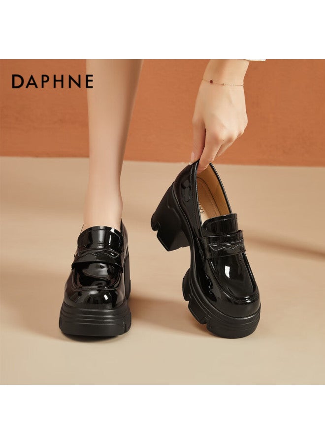 Daphne Women's Loafers, Chunky Heel British Style Small Leather Shoes, Commuting High Heels, Soft Sole Comfortable Height Increasing Single Shoes, Black, Size 38 - Image 1