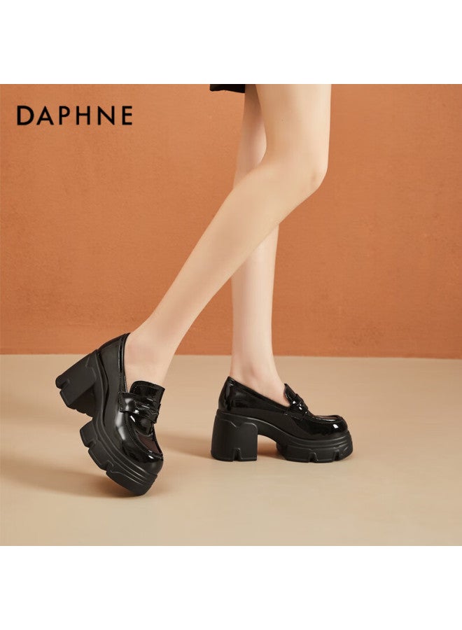Daphne Women's Loafers, Chunky Heel British Style Small Leather Shoes, Commuting High Heels, Soft Sole Comfortable Height Increasing Single Shoes, Black, Size 38 - Image 5