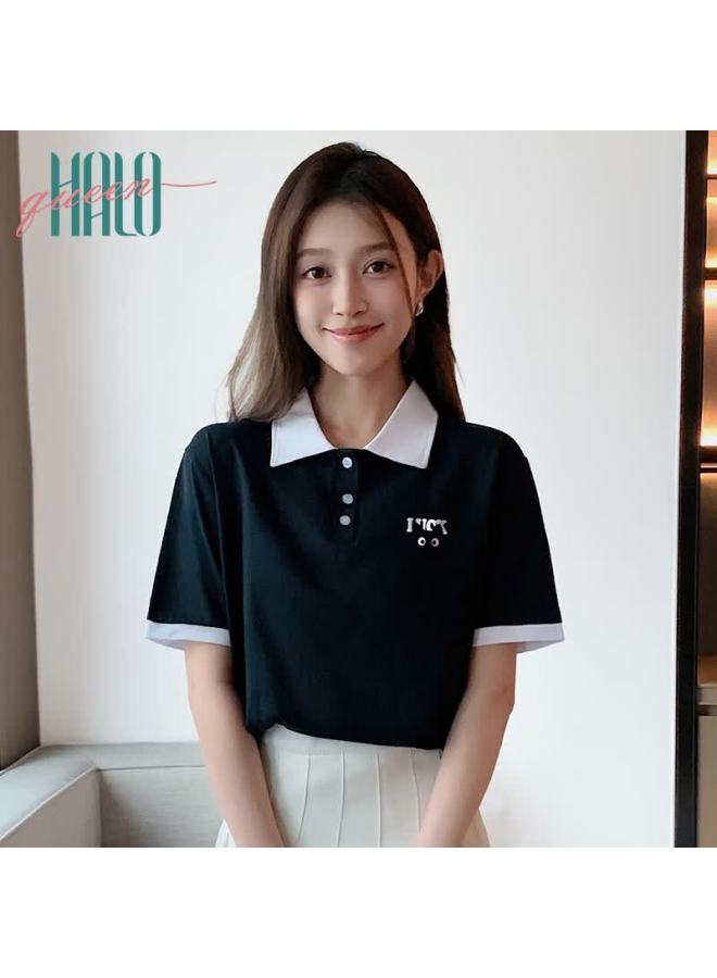 HALOQUEEN Halo Queen Women's Short Sleeve Polo T-shirt Summer Simple Letter American Style Cat Print T-shirt H142t1003 - Image 1