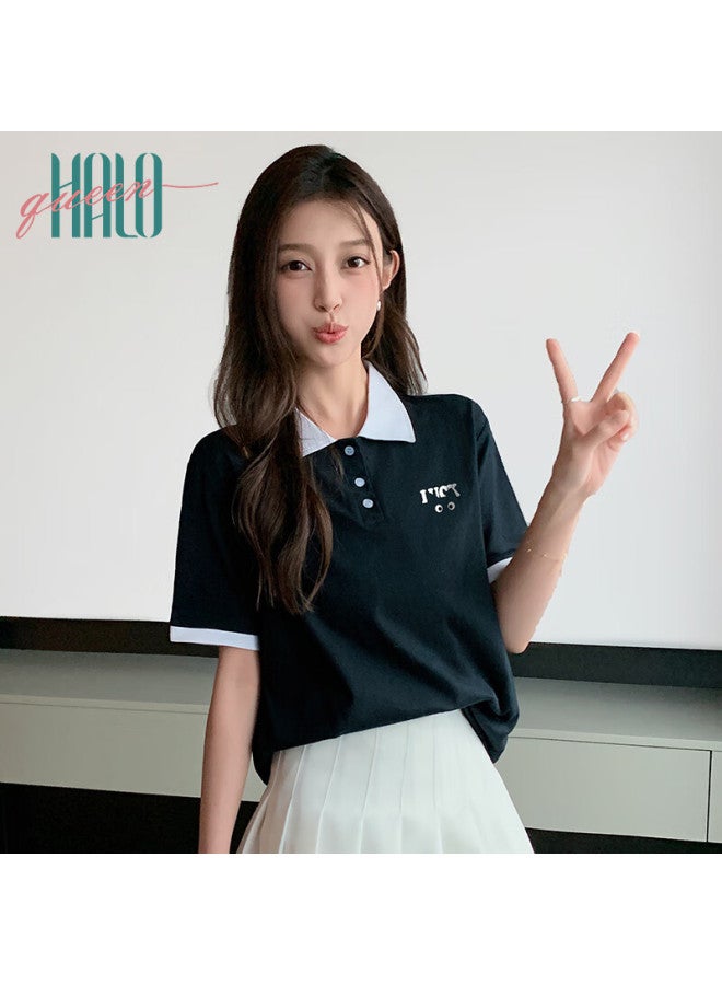 HALOQUEEN Halo Queen Women's Short Sleeve Polo T-shirt Summer Simple Letter American Style Cat Print T-shirt H142t1003 - Image 3