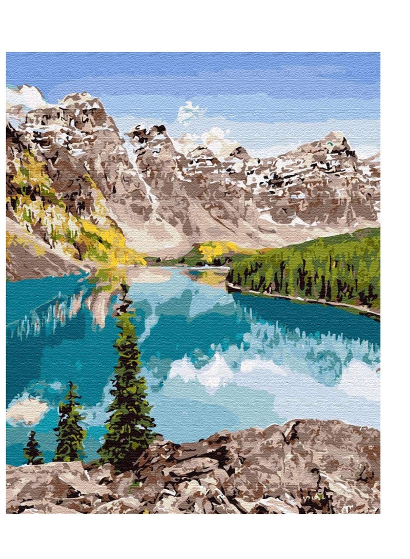SYOSI Paint by Numbers for Adults Beginner Snow Mountain Lake Landscape DIY Canvas Acrylic Painting Number Kits with Brushes and Acrylic Pigment Mountain Lake - Image 1