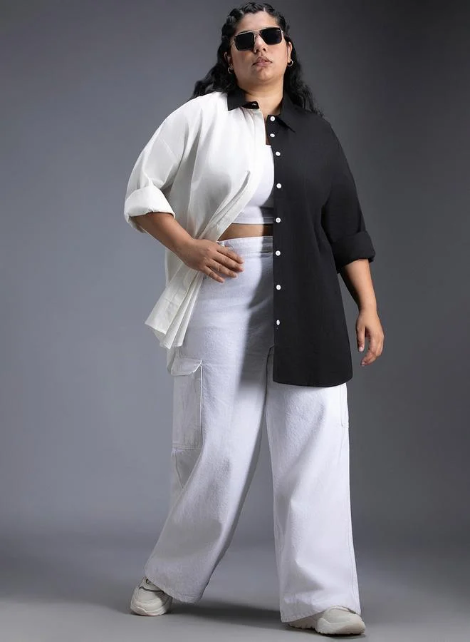 HIGH STAR Plus Size Color Block Collared Shirt with Side Slit Detail by Styli