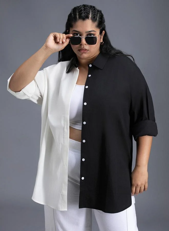 HIGH STAR Plus Size Color Block Collared Shirt with Side Slit Detail by Styli