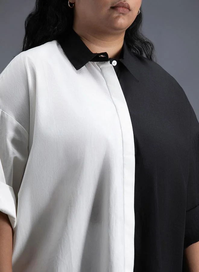 HIGH STAR Plus Size Color Block Collared Shirt with Side Slit Detail by Styli