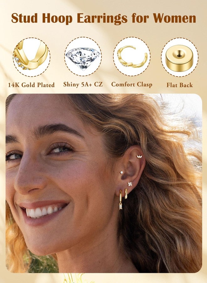 M MOOHAM 14K Gold Plated Stud Earrings for Women - 5 Pairs Dainty Earring Set Hypoallergenic Hoop Earring Stacks Huggie Dangle Earrings Fashion Jewelry for Women Trendy Gifts - Image 4