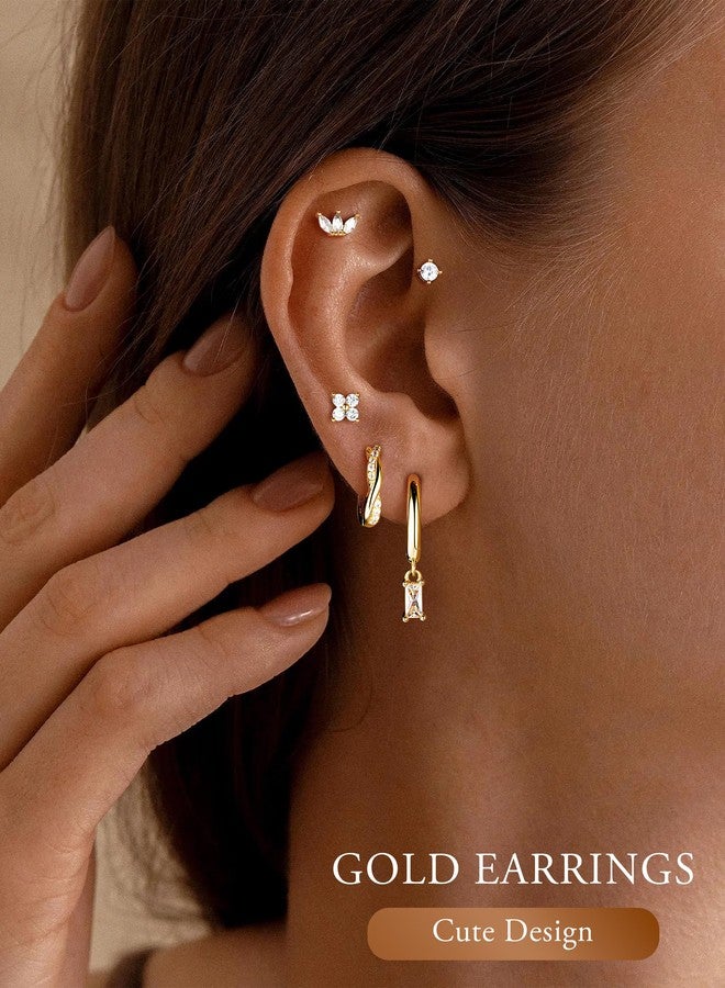 M MOOHAM 14K Gold Plated Stud Earrings for Women - 5 Pairs Dainty Earring Set Hypoallergenic Hoop Earring Stacks Huggie Dangle Earrings Fashion Jewelry for Women Trendy Gifts - Image 5
