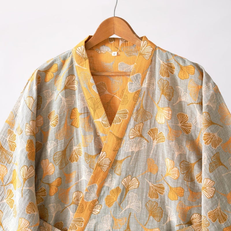 Kimono Robe 100% Cotton Gauze Ginkgo Leaf Print - Image 3