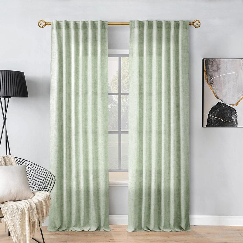 MEETBILY 105 Inch Curtains Sage Green Linen Drapes for Living Room Semi Sheer Lightweight Airy Fabric Contemporary Decorative Light Green Back Tab Curtain Window Treatment for Bedroom 2 Panels - Image 1