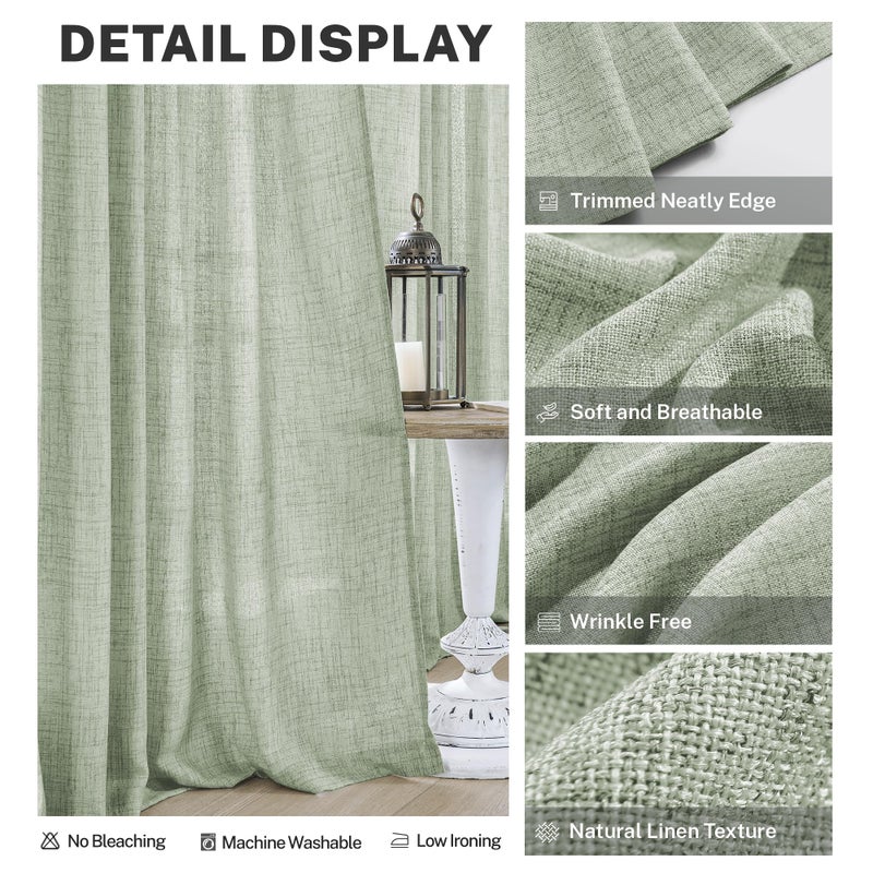 MEETBILY 105 Inch Curtains Sage Green Linen Drapes for Living Room Semi Sheer Lightweight Airy Fabric Contemporary Decorative Light Green Back Tab Curtain Window Treatment for Bedroom 2 Panels - Image 4