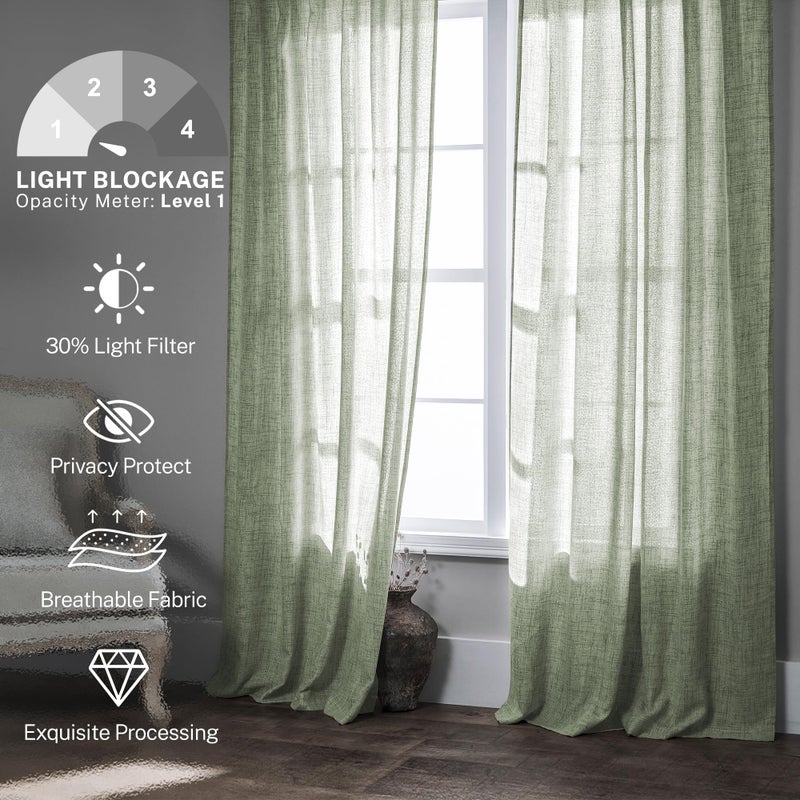 MEETBILY 105 Inch Curtains Sage Green Linen Drapes for Living Room Semi Sheer Lightweight Airy Fabric Contemporary Decorative Light Green Back Tab Curtain Window Treatment for Bedroom 2 Panels - Image 2