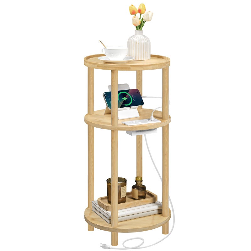 HOOBRO طاولة جانبية صغيرة دائرية من HOOBRO مع محطة شحن 3 طبقات طاولة نهاية دائرية من الخيزران طاولة سرير مدمجة للمساحات الصغيرة تجميع سهل لغرفة المعيشة أو غرفة النوم أو الشقة طبيعية YL152UBZ01