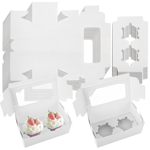 AKOLAFE 100 Set White Cupcake Boxes 2 Cupcake Holder with Lid To Go Cupcake Containers Reusable Cardboard Cupcake Boxes Bulk with Clear Window Cupcake Carrier for Cup Cake Packaging Transport Storage - Image 1