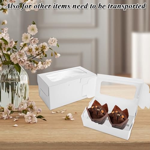 AKOLAFE 100 Set White Cupcake Boxes 2 Cupcake Holder with Lid To Go Cupcake Containers Reusable Cardboard Cupcake Boxes Bulk with Clear Window Cupcake Carrier for Cup Cake Packaging Transport Storage - Image 4