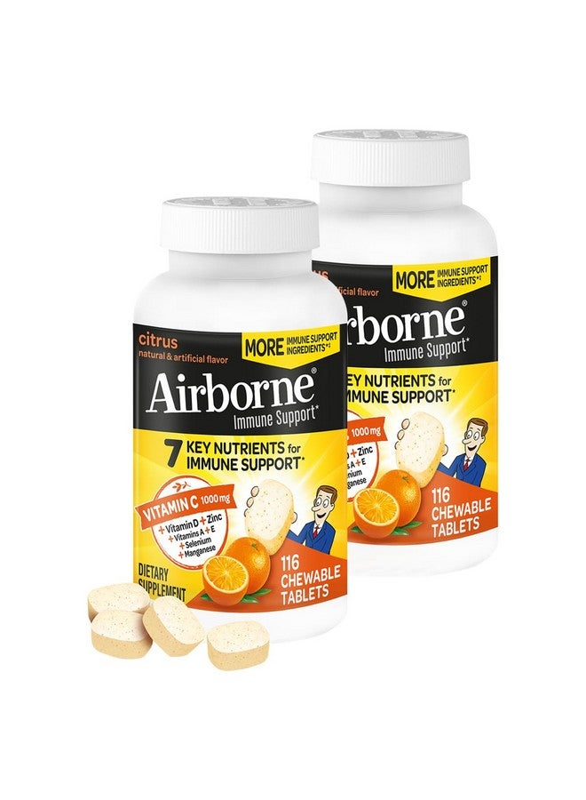 Airborne 1000mg Vitamin C + Zinc Immune Support Supplement Chewable Tablets, Citrus Flavor with Powerful Antioxidants Vitamins A C & E, 116 Chewable Tablets (2 Pack) - Image 1