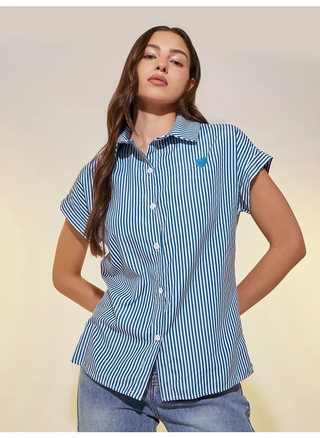 Take Two Take Two Striped Short Sleeve Regular Fit Shirt with Heart Embroidery Detail