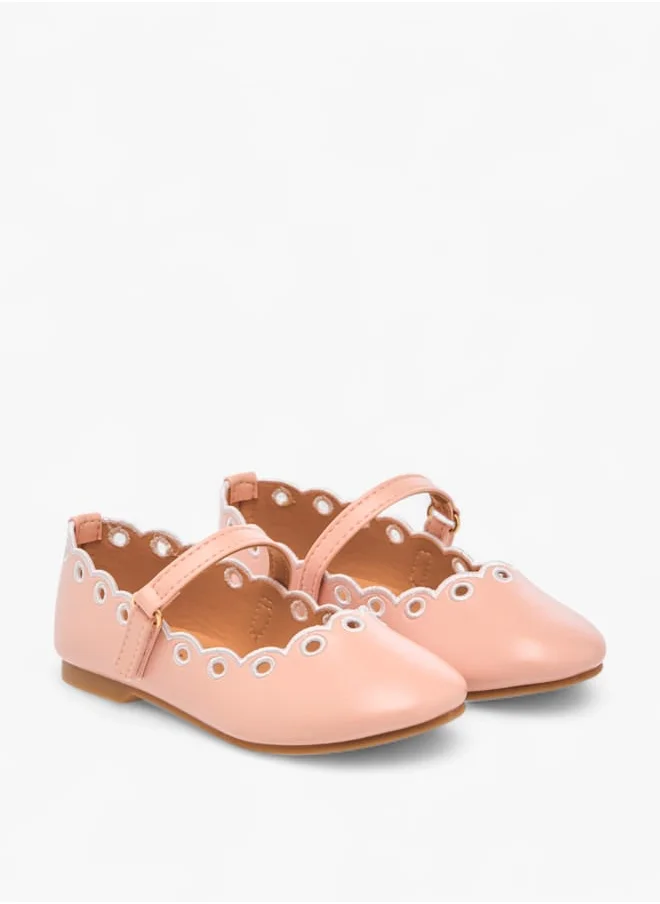 جونيورز Girls Scallop Detail Ballerina Shoes With Hook And Loop Closure