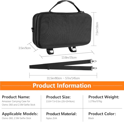 AMAZEAR Carrying Case for DJI Osmo 360 Accessories, Portable Nylon Osmo360 Action Camera Travel Bag with Shoulder Strap Fit 2.5M 8.2ft Selfie Stick (Black) - Image 5