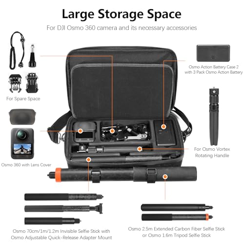 AMAZEAR Carrying Case for DJI Osmo 360 Accessories, Portable Nylon Osmo360 Action Camera Travel Bag with Shoulder Strap Fit 2.5M 8.2ft Selfie Stick (Black) - Image 2