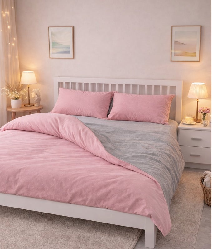 100% COTTON DUVET COVER SET, 4-PIECE KING SIZE (NO FILLING INCLUDED), OEKO-TEX CERTIFIED, REVERSIBLE BEDDING, 1 DUVET COVER 220240CM, 1 FITTED SHEET, 2 PILLOWCASES (PINK & GREY)
