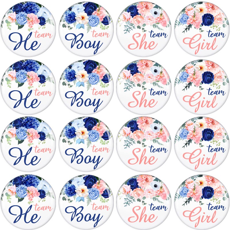 Dingion 100 Pcs Gender Reveal Button Pins Boy Girl Pinback or Party Supplies Pink and Blue Floral Round Decorative Baby Shower Decorations - Image 2