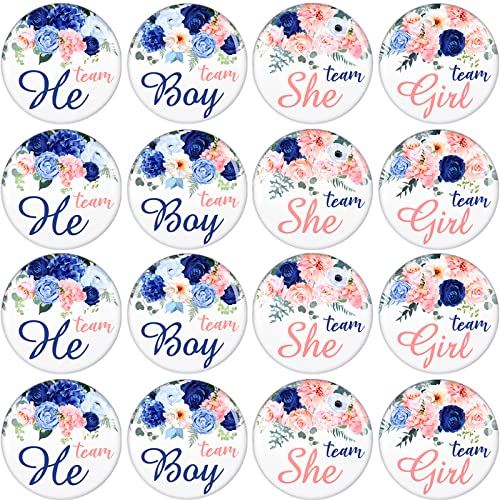 Dingion 100 Pcs Gender Reveal Button Pins Boy Girl Pinback or Party Supplies Pink and Blue Floral Round Decorative Baby Shower Decorations - Image 1