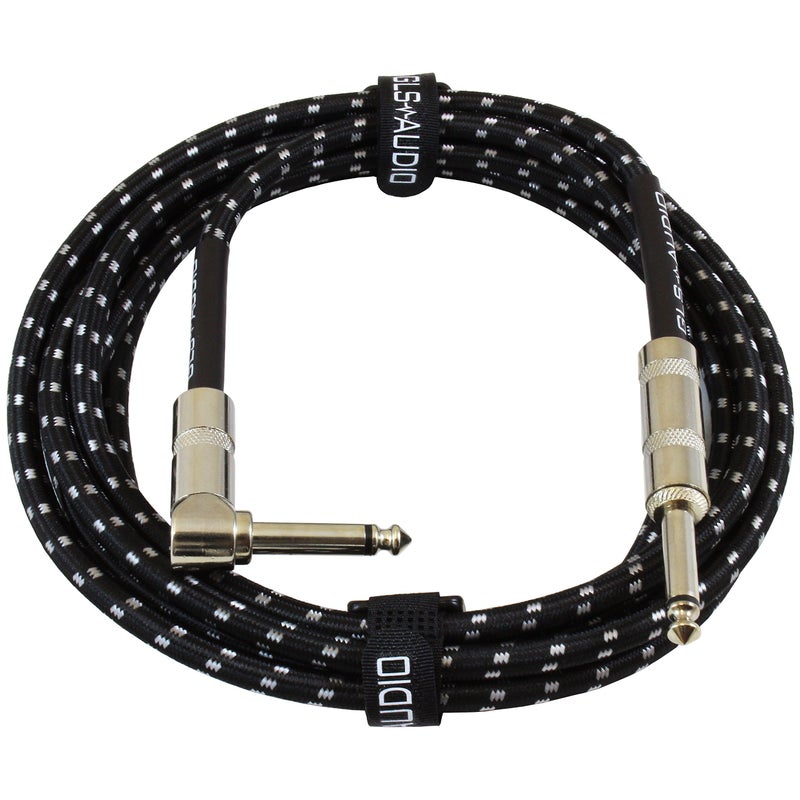 GLS Audio Instrument Cable - Amp Cord for Bass & Electric Guitar - Straight to Right Angle 1/4 Inch Instrument Cable - Black/Grey Braided Tweed, 10ft - Image 1