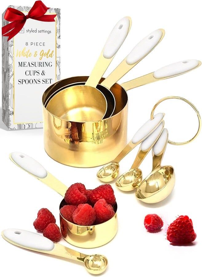 styled settings White and Gold Measuring Cups and Spoons Set - 8-Piece Stackable Stainless Steel Measuring Set - Stylish Gold Kitchen Accessories for Precise Baking and Cooking, Ideal Gift for Bakers and Chefs - Image 1