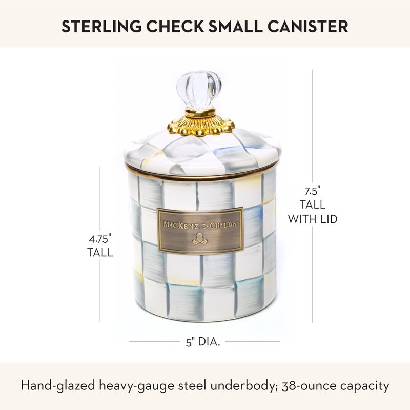 mackenzie childs MACKENZIE-CHILDS Small Enamel Canister, Kitchen Storage Container for Flour and Sugar, 1.13 Liters, Grey-and-White Sterling Check - Image 4