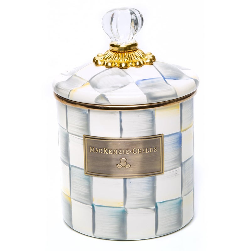 mackenzie childs MACKENZIE-CHILDS Small Enamel Canister, Kitchen Storage Container for Flour and Sugar, 1.13 Liters, Grey-and-White Sterling Check - Image 1