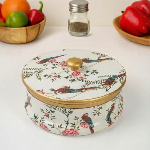 Decor & More Handcrafted Mango Wood Chapati Box | Printed Wooden Casserole for Roti Storage | 9 x 9 x 2.5 Inch Traditional Kitchen Box (Parrot Print) - Image 1