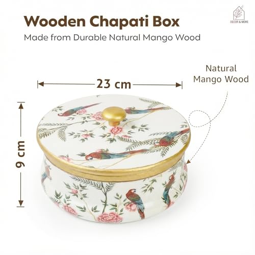 Decor & More Handcrafted Mango Wood Chapati Box | Printed Wooden Casserole for Roti Storage | 9 x 9 x 2.5 Inch Traditional Kitchen Box (Parrot Print) - Image 2