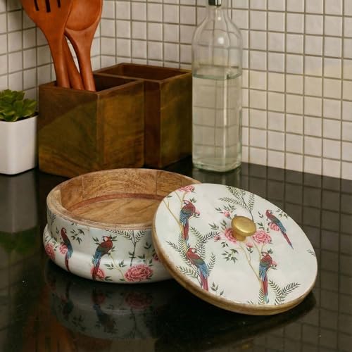 Decor & More Handcrafted Mango Wood Chapati Box | Printed Wooden Casserole for Roti Storage | 9 x 9 x 2.5 Inch Traditional Kitchen Box (Parrot Print) - Image 3