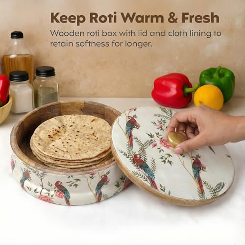 Decor & More Handcrafted Mango Wood Chapati Box | Printed Wooden Casserole for Roti Storage | 9 x 9 x 2.5 Inch Traditional Kitchen Box (Parrot Print) - Image 4