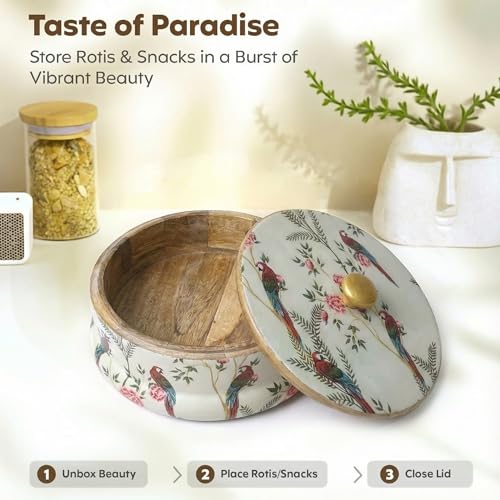 Decor & More Handcrafted Mango Wood Chapati Box | Printed Wooden Casserole for Roti Storage | 9 x 9 x 2.5 Inch Traditional Kitchen Box (Parrot Print) - Image 5