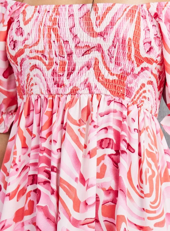 Take Two Puff Sleeves All Over Print Midi Dress