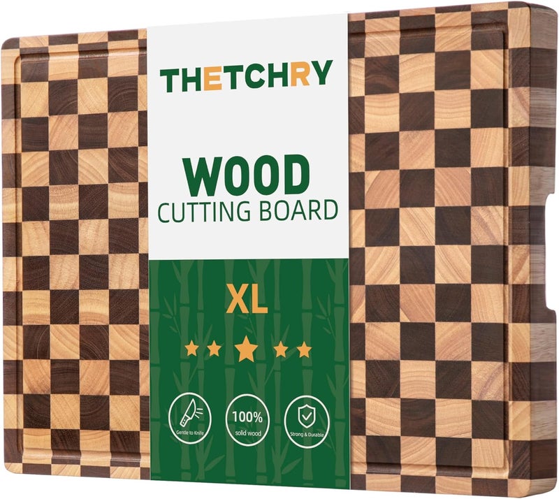 thetchry Cutting Boards for Kitchen, Extra Large Chopping Board for Stovetop, Checkered Acacia Wood Cutting Board with Juice Grooves, Butcher Block with Gift Box, 20" x 15" x 1" - Image 1