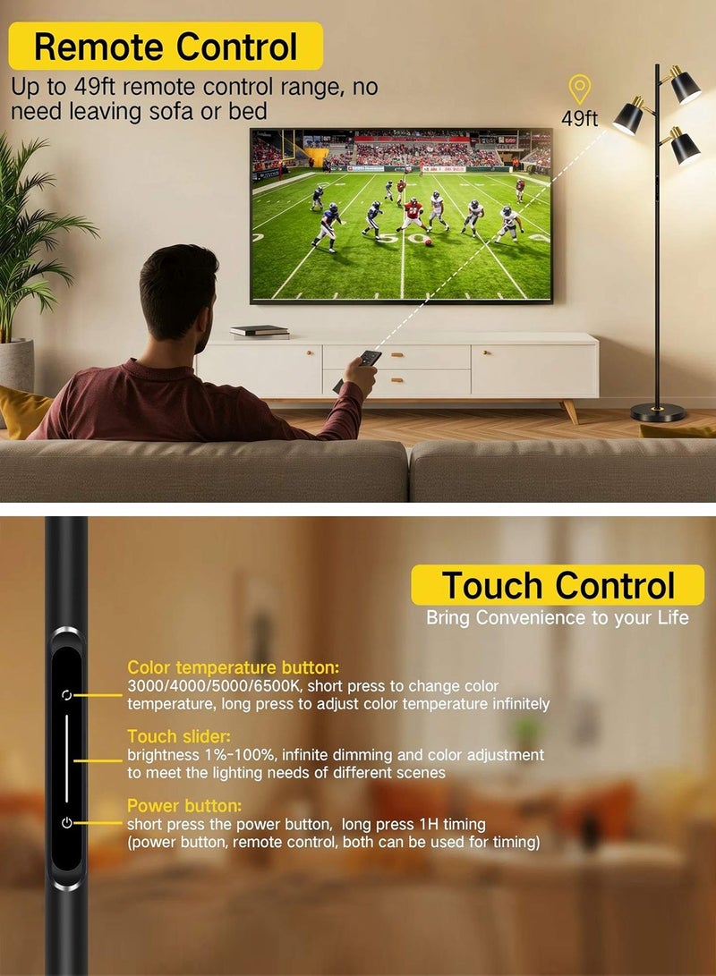 OUTON LED Tree Floor Lamp 36W, Bulbs Included,Dimmable Modern Floor Light with 4 Color Temperature, Remote & Touch Control, 1 Hour Timer, 3 Rotating Standing Lamp for Reading Living Room Bedroom Office, Black - Image 2