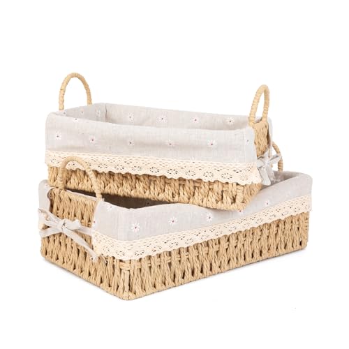 Agirlvct Wicker Storage Baskets with Handle and Liner Rectangular Natural Paper Rope Woven Shelf Baskets for Organizing Storage Bins Organizers for Living Room Bedroom Bathroom TabletopsSet of 2 - Image 1