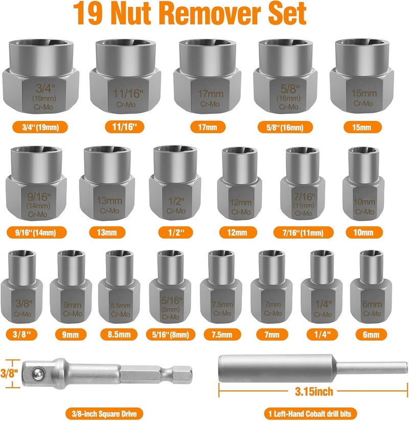 Eapele Bolt Extractor Set, Stripped Nut Remover Twist Sockets, Fit 3/8" Square Drive with Solid Storage Case (21pcs, Silver) - Image 2