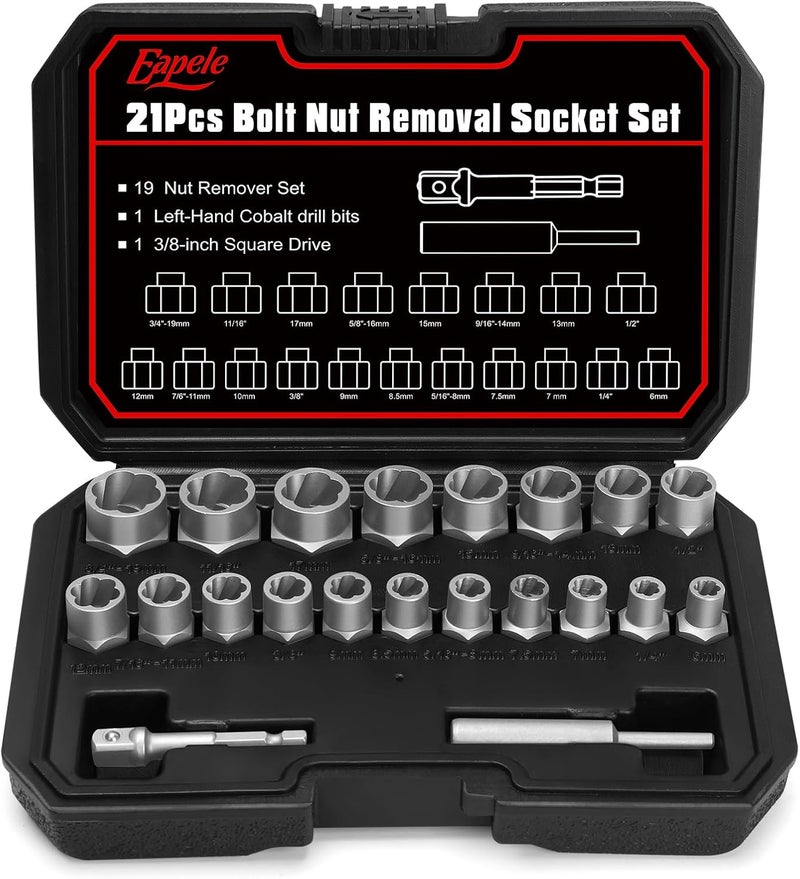 Eapele Bolt Extractor Set, Stripped Nut Remover Twist Sockets, Fit 3/8" Square Drive with Solid Storage Case (21pcs, Silver) - Image 1