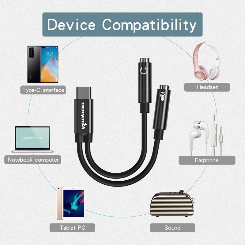 كوباو محول USB-C إلى 2 TRS 3.5 مم لتقسيم سماعة الرأس والميكروفون، مقسم صوت Hi-Fi ومقبس الميكروفون لسماعات الألعاب على الكمبيوتر ذات القابس المزدوج للأجهزة من نوع Type-C، متوافق مع iPhone 15 وSamsung S23 وGalaxy. - Image 3