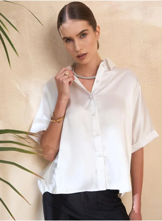 Kassually Cut-Out Pearl Embellished Satin Boxy Fit Shirt by Styli