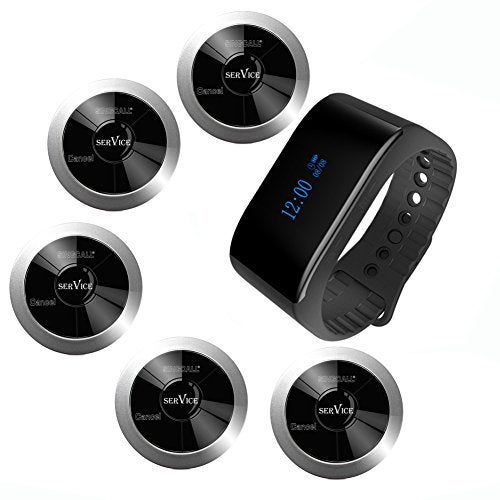 SINGCALL Wireless Restaurant Table Call System Waiter Caller Call Waiter Nurse Family,Pack of 1 Watch Receiver and 5 Pagers - Image 1