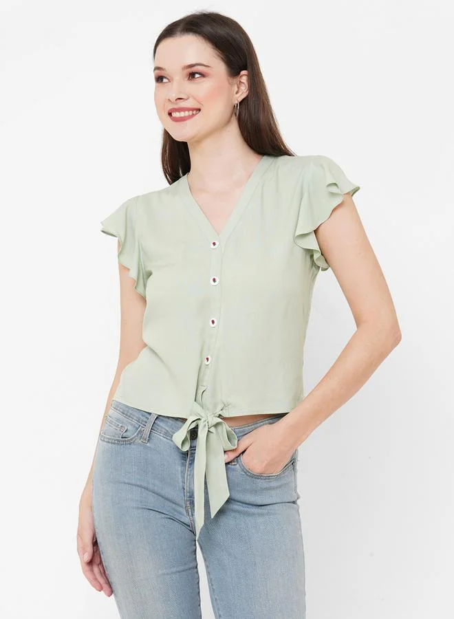 Mish Women Green Frill Sleeve Tie Detail Top