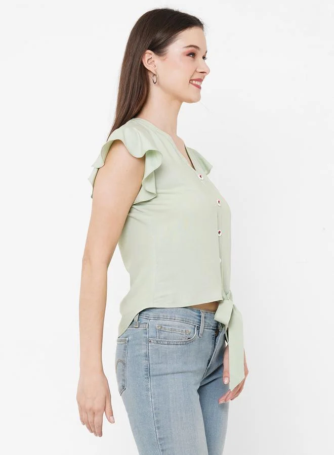 Mish Women Green Frill Sleeve Tie Detail Top